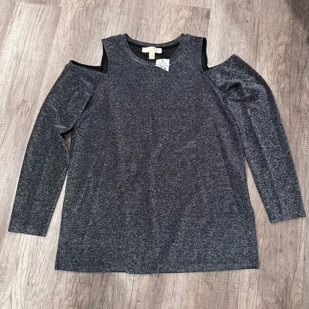 NWT Michael Kors Black Silver Sparkle Cold Shoulder LS‎ Top Blouse SizE L